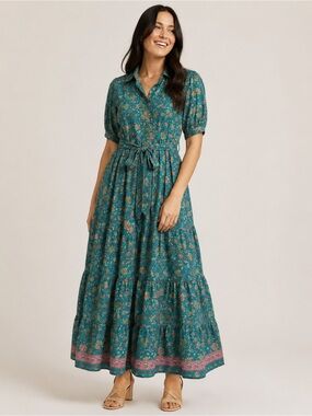 Boho Teal Floral Button-Front Maxi Dress with Tie Waist